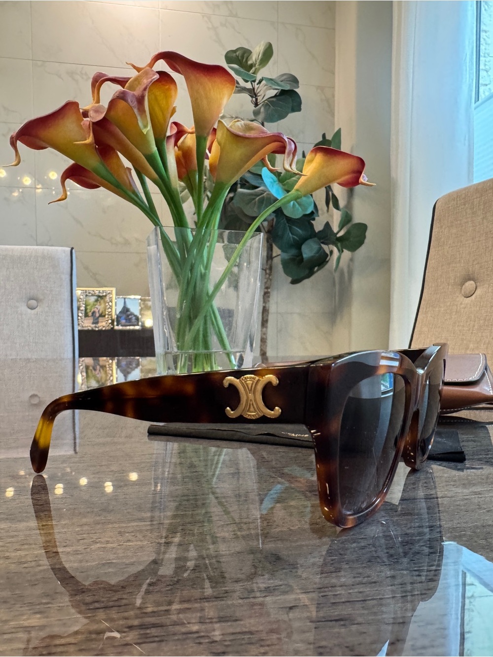 Celine Brown Tortoiseshell Thick Square Sunglasses with Gold Logo